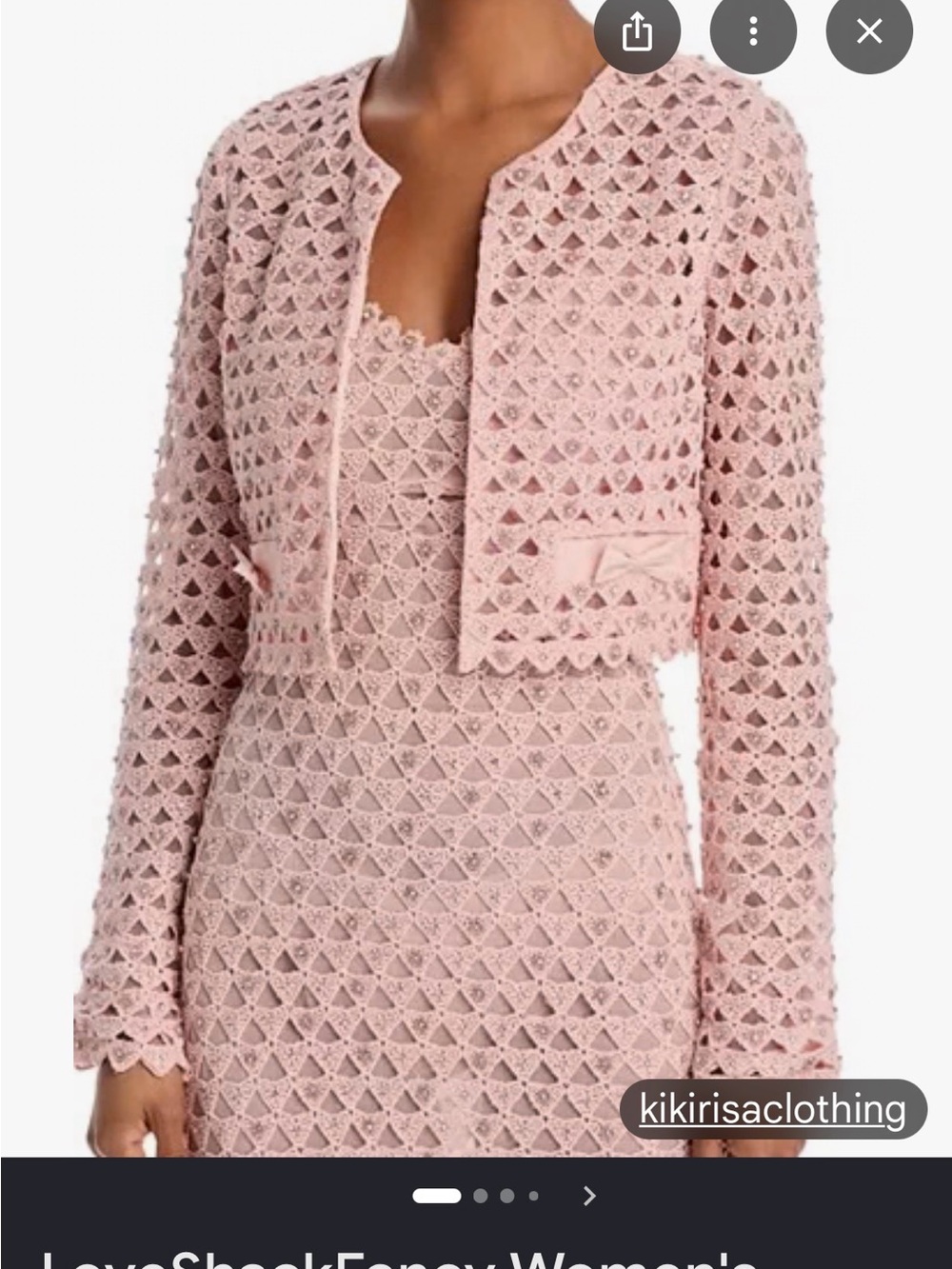 LoveShackFancy Light Blush Crochet Lace Cropped Blazer with Bows and Gems